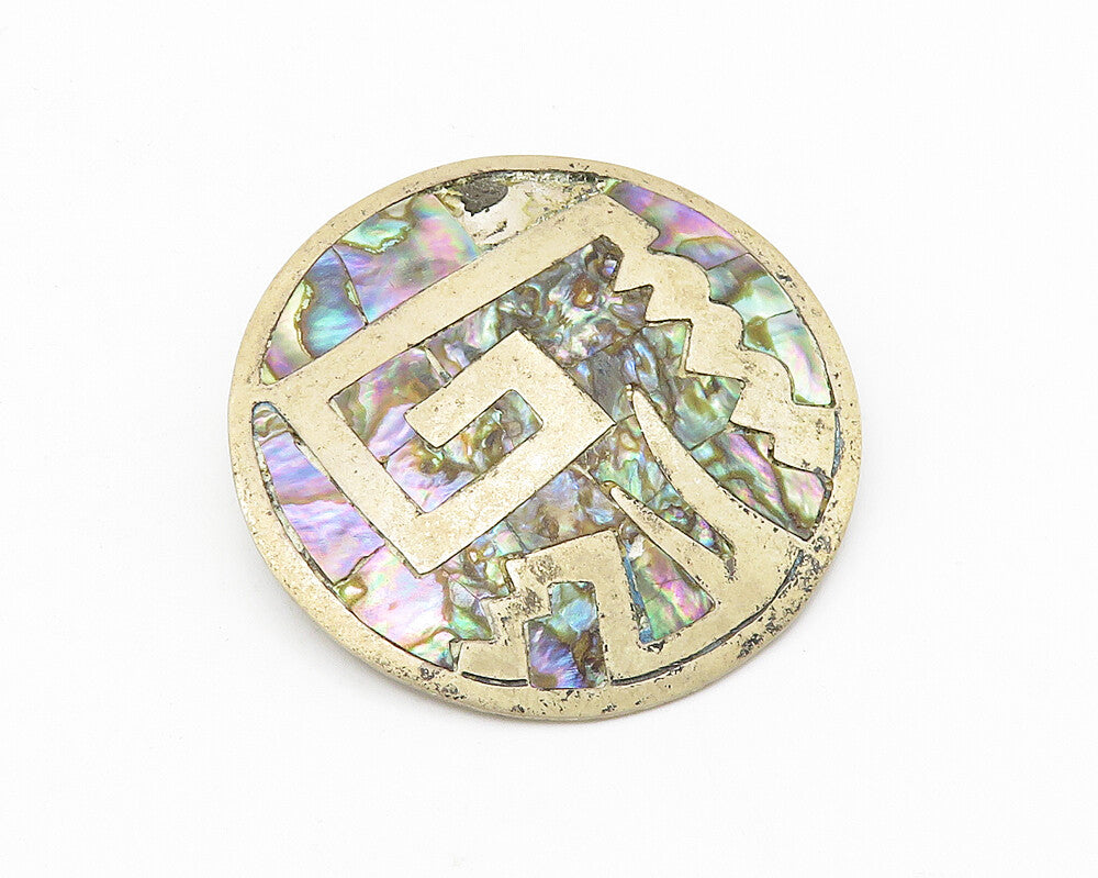 AH MEXICO 925 Silver  Vintage Inlaid Abalone Shell Pattern Brooch Pin  BP4289