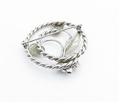 925 Sterling Silver  Vintage Sculpted Floral Leaf Twist Brooch Pin  BP2250