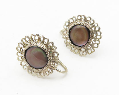925 Sterling Silver  Vintage Abalone Shell Floral Non Pierce Earrings  EG5708
