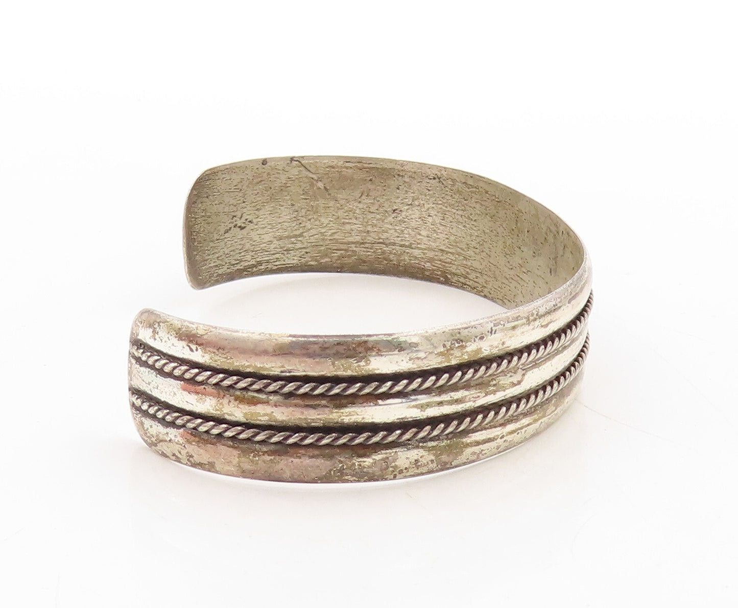 925 Sterling Silver Vintage Bracelet POST BELL Dark Tone Roped Cuff  BT10952