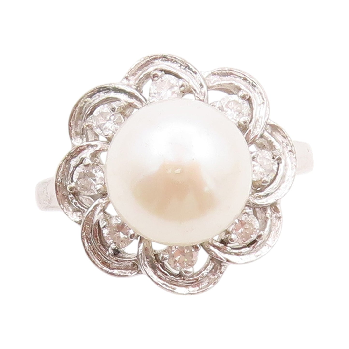 925 Sterling Silver Vintage Ring Pearl & CZ Cutout Flower  Sz 8  RG32643