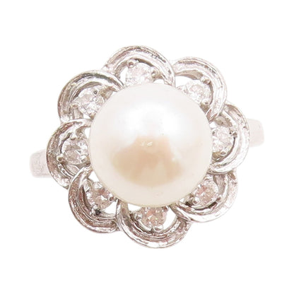 925 Sterling Silver Vintage Ring Pearl & CZ Cutout Flower  Sz 8  RG32643