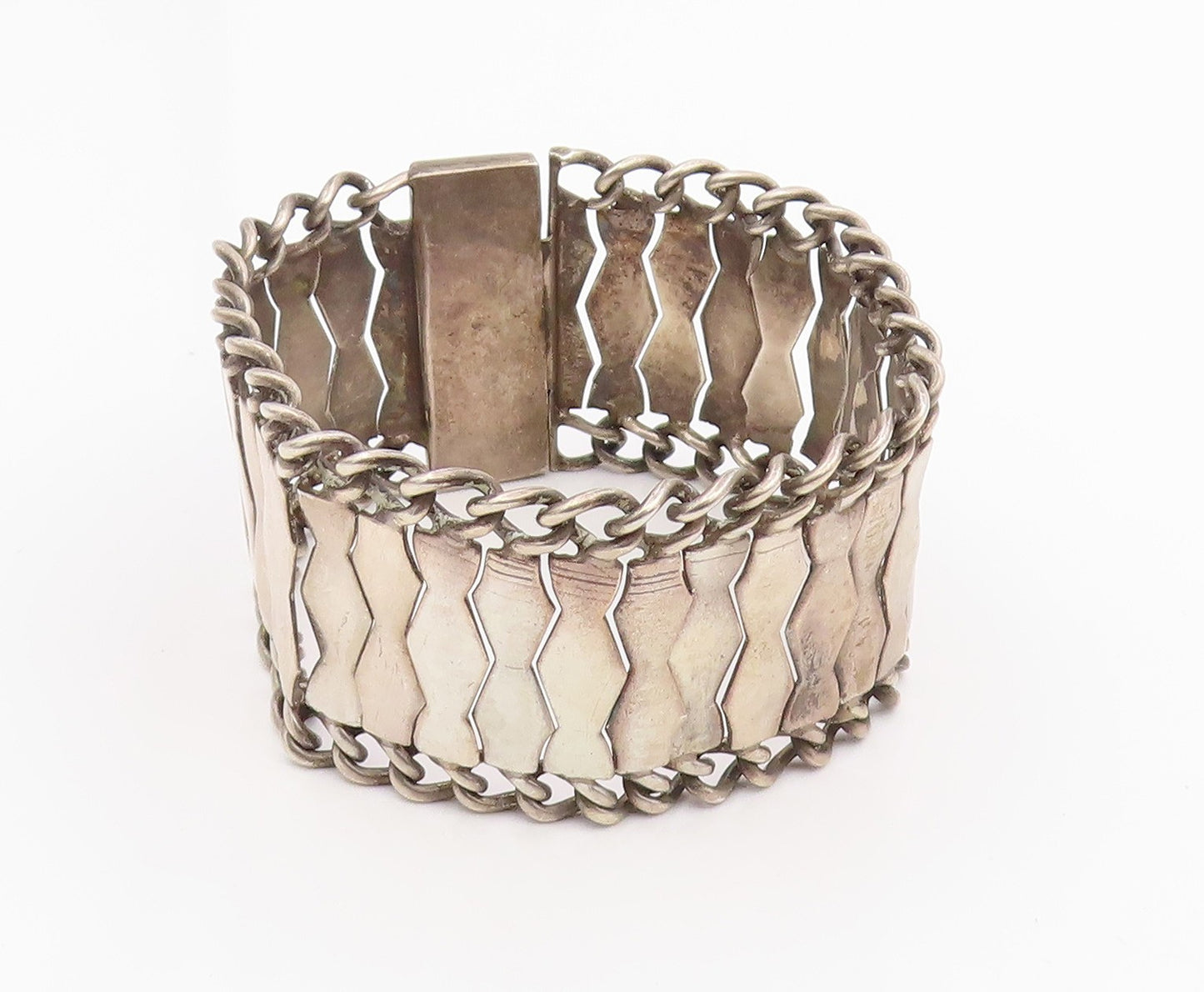 925 Sterling Silver Vintage Bracelet Modernist Geometric Weave Link  BT11957