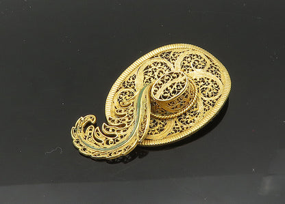 925 Sterling Silver  Vintage Filigree Detail Hat With Feather Pendant  PT16406