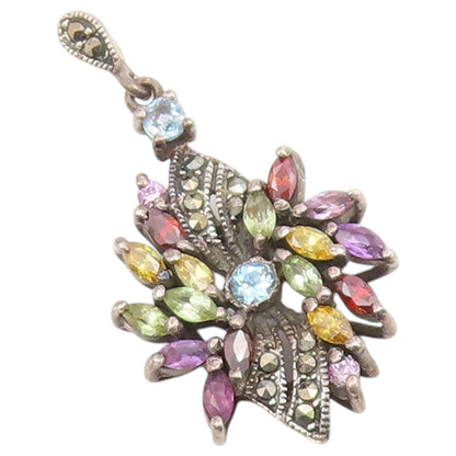 925 Sterling Silver Vintage Pendant Classic Multi Gemstone Floral Charm  PT26614