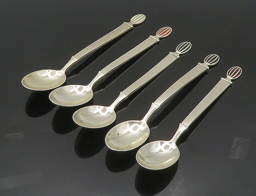 GERMANY 925 Silver  Vintage 5 Pcs Enamel Detail Espresso Spoon Set  TR2515