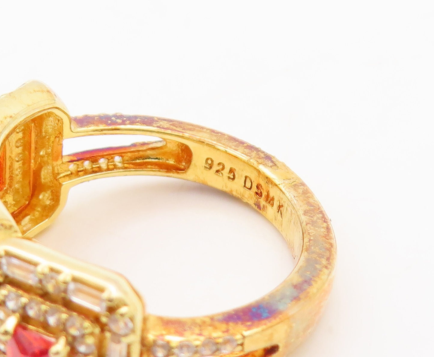 925 Sterling Silver Vintage Ring Gold Plated Orange & white CZ  Sz 7  RG29509