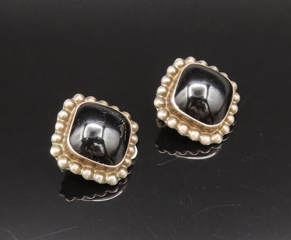 MEXICO 925 Silver  Vintage Beaded Edge Black Onyx Clip Back Earrings  EG12296