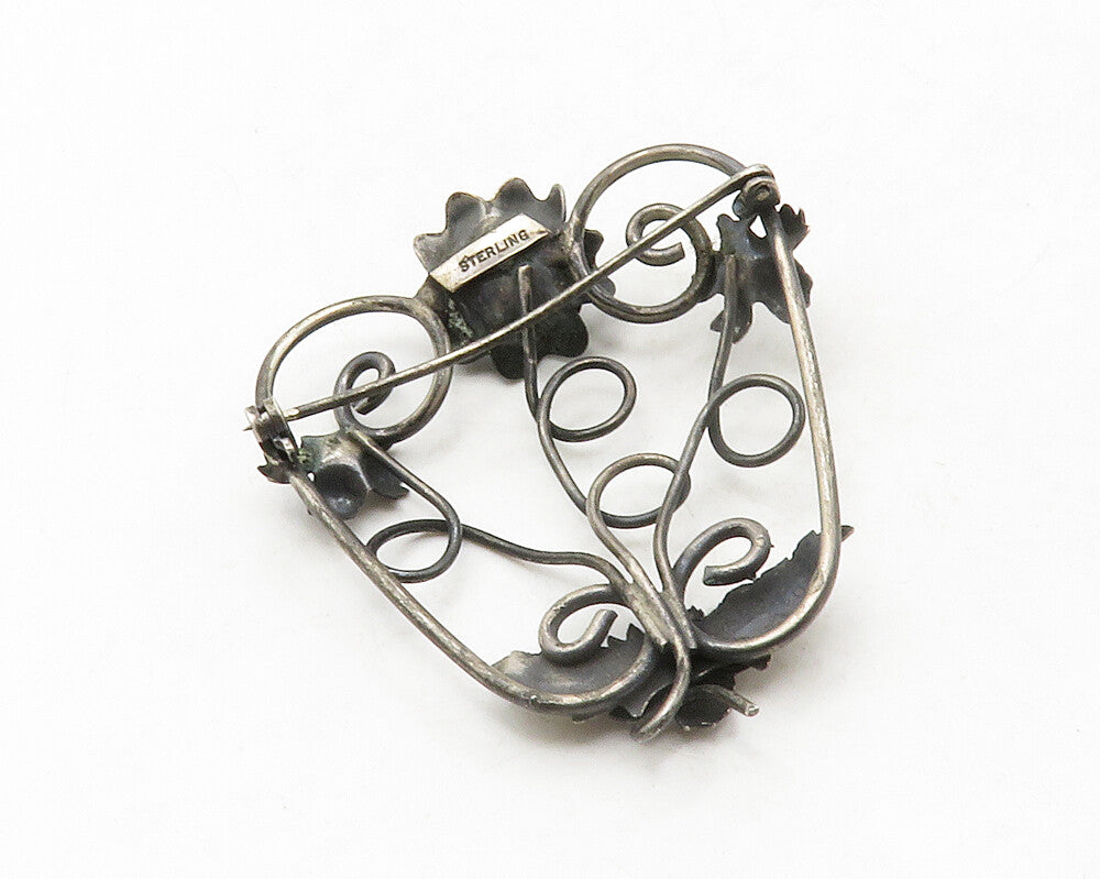 925 Sterling Silver  Vintage Oxidized Floral Swirl Design Brooch Pin  BP4952