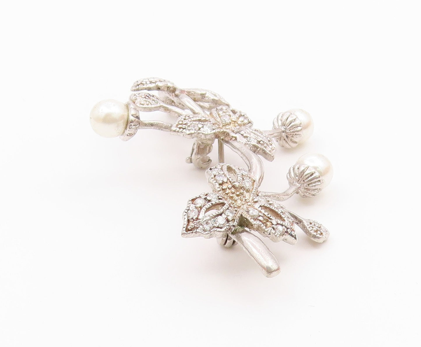925 Silver  Vintage Fancy Freshwater Pearls & Topaz Stem Brooch Pin  BP10065