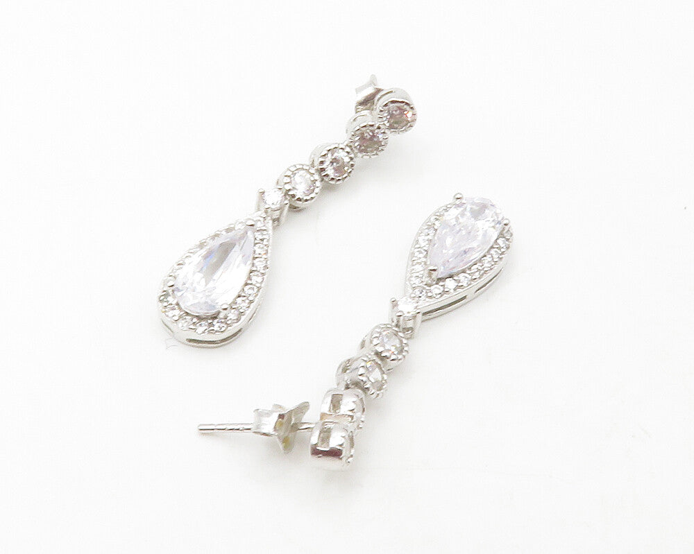 925 Sterling Silver  Shiny Tear Drop Cubic Zirconia Dangle Earrings  EG6442