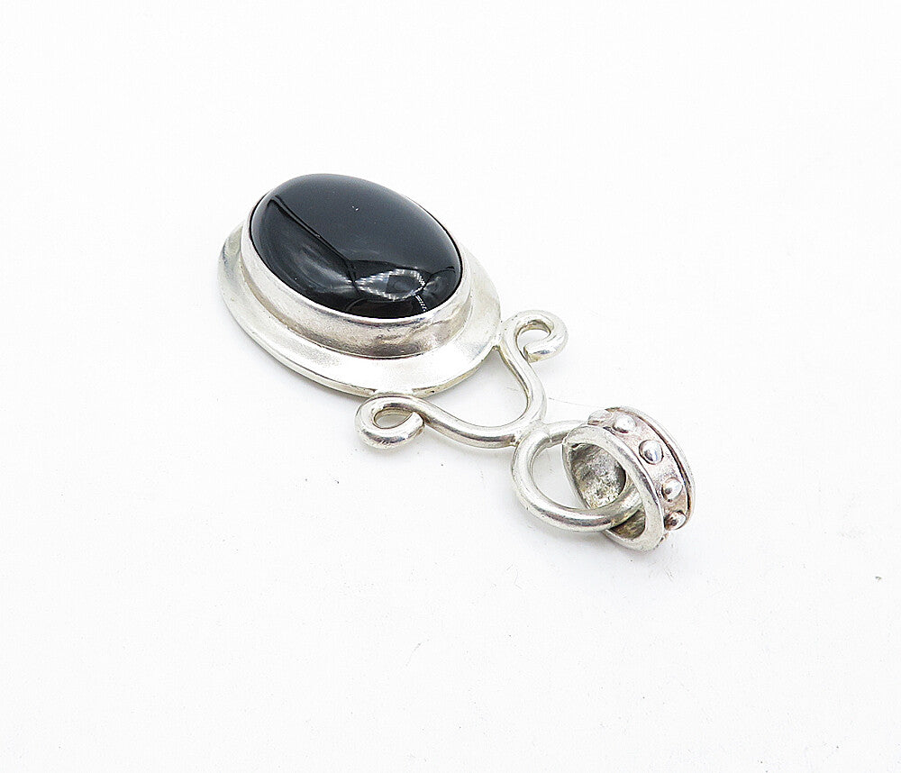 925 Sterling Silver  Vintage Cabochon Cut Black Onyx Oval Drop Pendant  PT3165