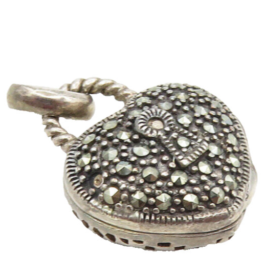 925 Sterling Silver  Vintage Marcasite Heart Pad Lock Pendant (OPENS)   PT7449