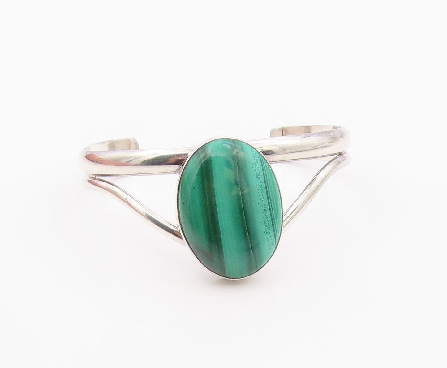 925 Sterling Silver Vintage Bracelet Cabochon Malachite Modernist Cuff  BT12102