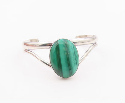925 Sterling Silver Vintage Bracelet Cabochon Malachite Modernist Cuff  BT12102