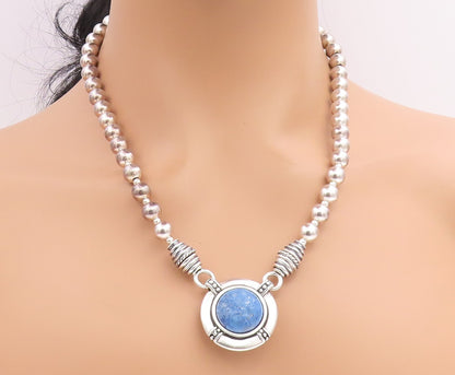 925 Sterling Silver Vintage Necklace CAROLYN POLLACK Lapis Lazuli Beaded  NE4863