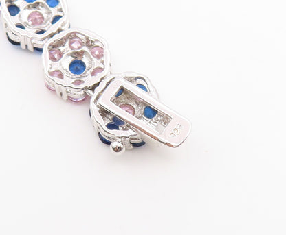 925 Sterling Silver Vintage Necklace Pink & Blue Topaz Floral Link Chain  NE4813