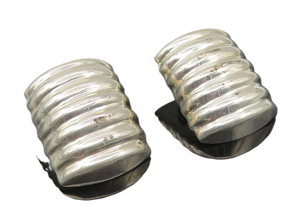MEXICO 925 Silver   Vintage Shiny Hollow Fluted Non Pierce Earrings  EG5742
