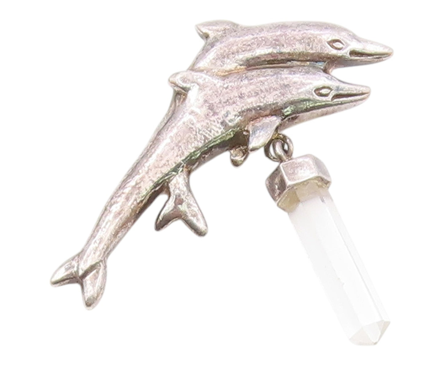 925 Sterling Silver  Vintage White Topaz Wand Double Dolphins Pendant  PT15846