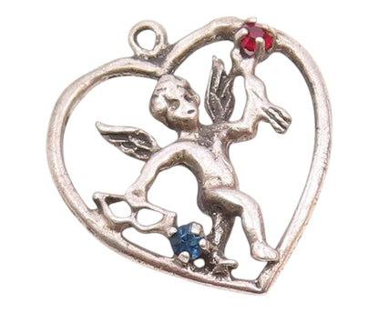 925 Sterling Silver  Vintage Pink & Blue Topaz Angel Heart Pendant  PT15704