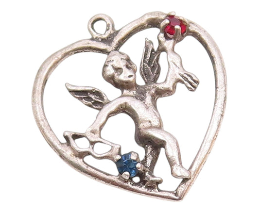 925 Sterling Silver  Vintage Pink & Blue Topaz Angel Heart Pendant  PT15704