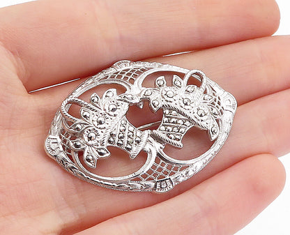 925 Sterling Silver  Vintage Sparkling Double Flower Basket Brooch Pin  BP1752
