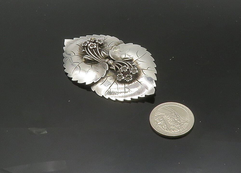 HENRY BACA NAVAJO 925 Silver  Vintage Shiny Floral Leaves Brooch Pin  BP8085