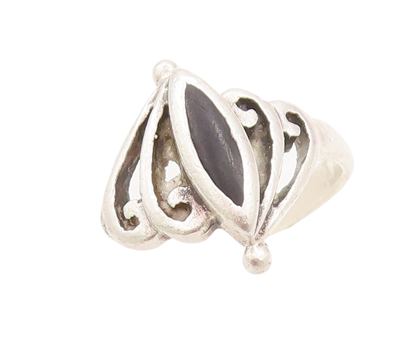 925 Sterling Silver Vintage Ring Swirly Black Enameled Cutout  Sz 8  RG28748