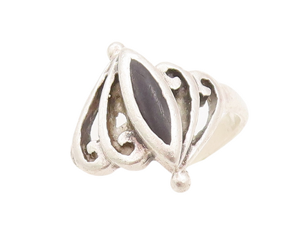 925 Sterling Silver Vintage Ring Swirly Black Enameled Cutout  Sz 8  RG28748