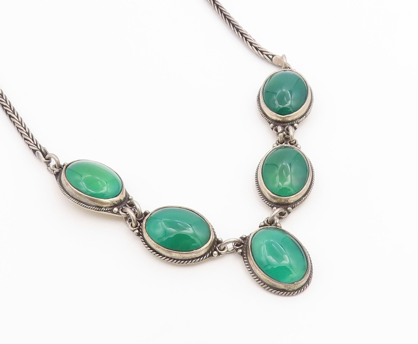925 Sterling Silver Vintage Necklace Green Chalcedony Statement Chain  NE4911