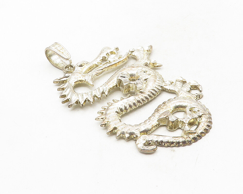 925 Sterling Silver  Vintage Shiny Diamond Cut Dragon Motif Pendant  PT7679
