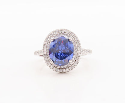 925 Sterling Silver Vintage Ring Oval Cut Blue Halo White CZ Band  Sz 7  RG29549