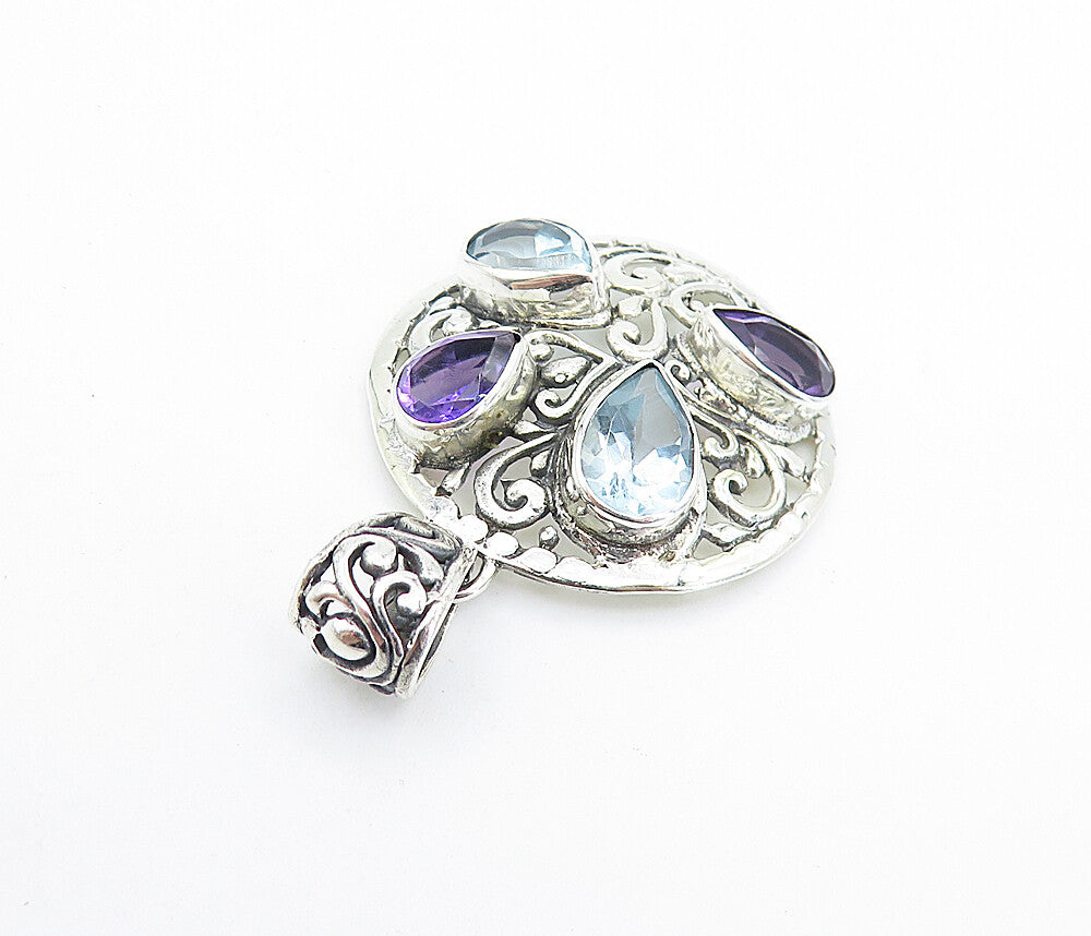 925 Sterling Silver  Sparkling Topaz & Amethyst Swirl Round Pendant  PT5837
