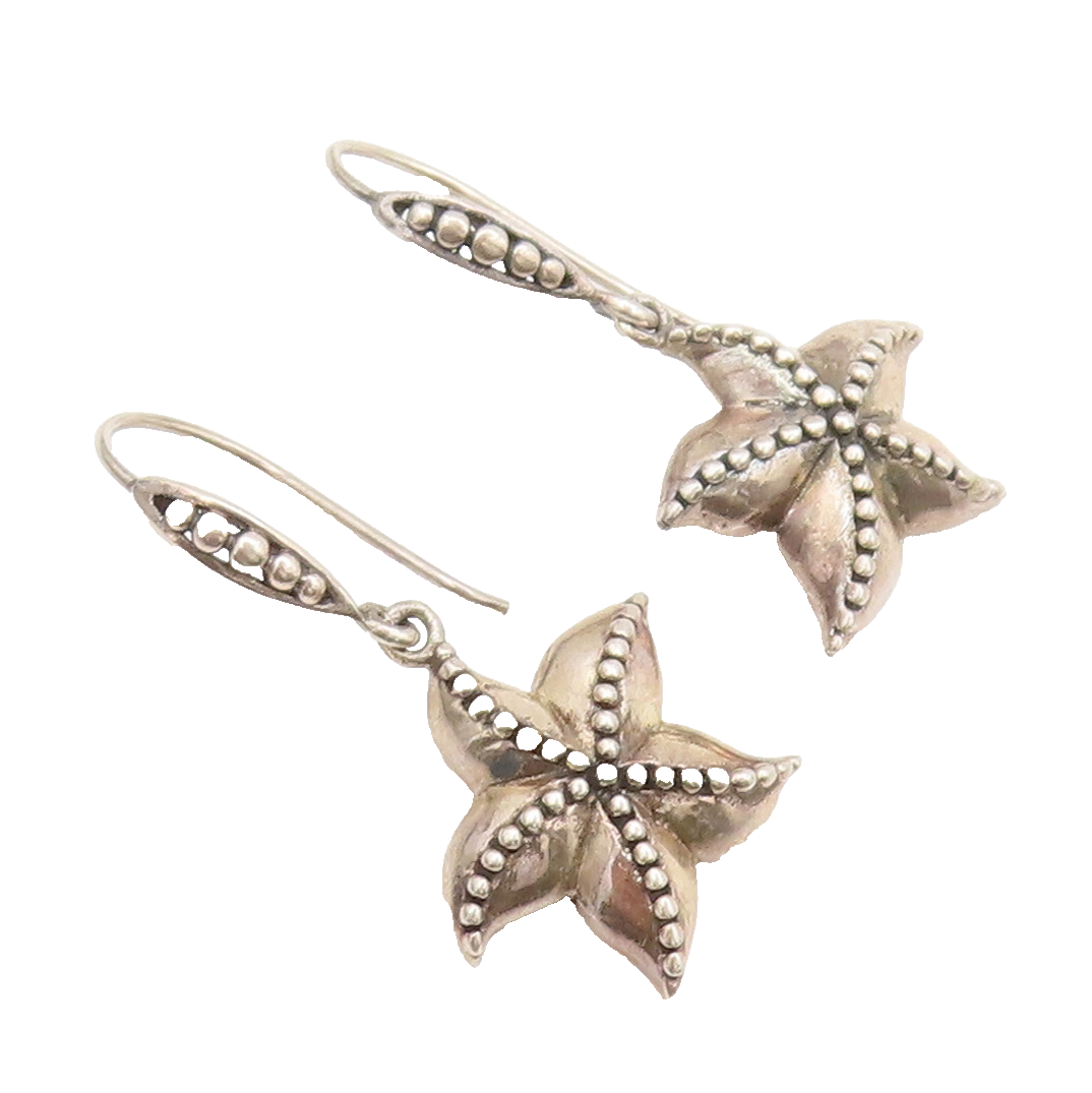 925 Sterling Silver  Vintage Solid Cutout Beaded Starfish Earrings  EG12765