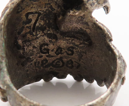 925 Sterling Silver Vintage Ring G & S Dark Tone Carved Eagle  Sz 7.5  RG31651