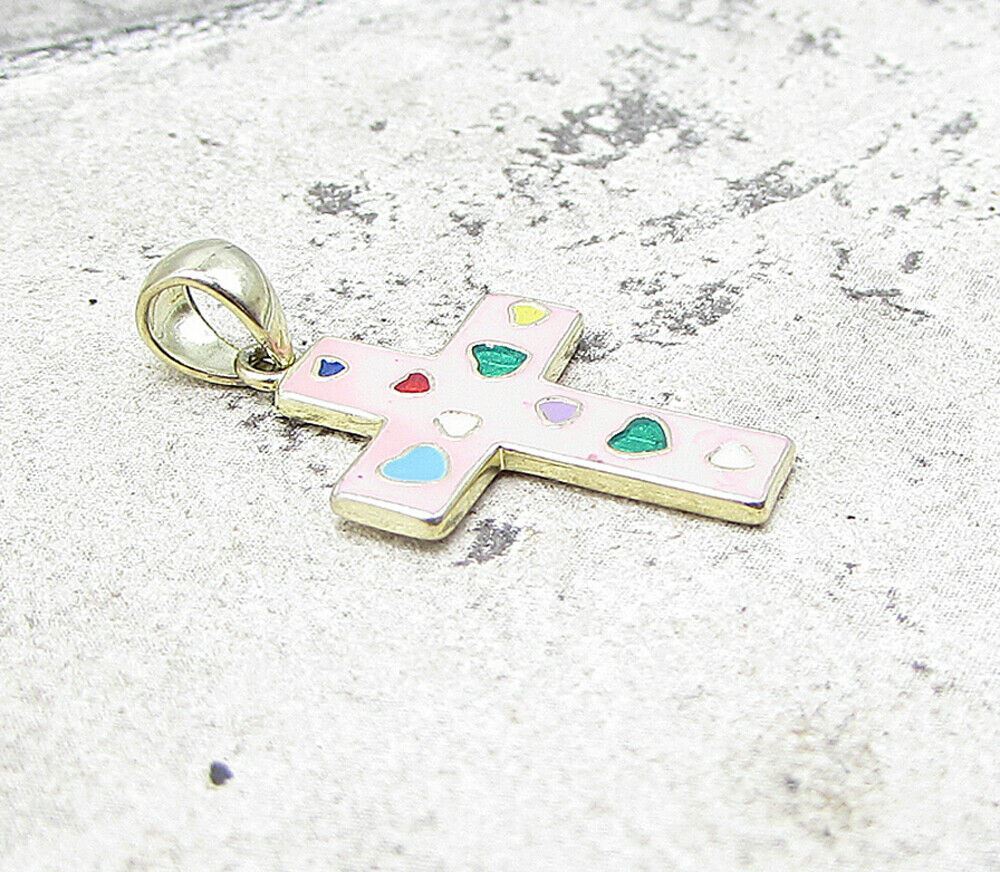 Gold Over 925 Sterling Silver Love Hearts Enamel Cross Drop Pendant PT1198