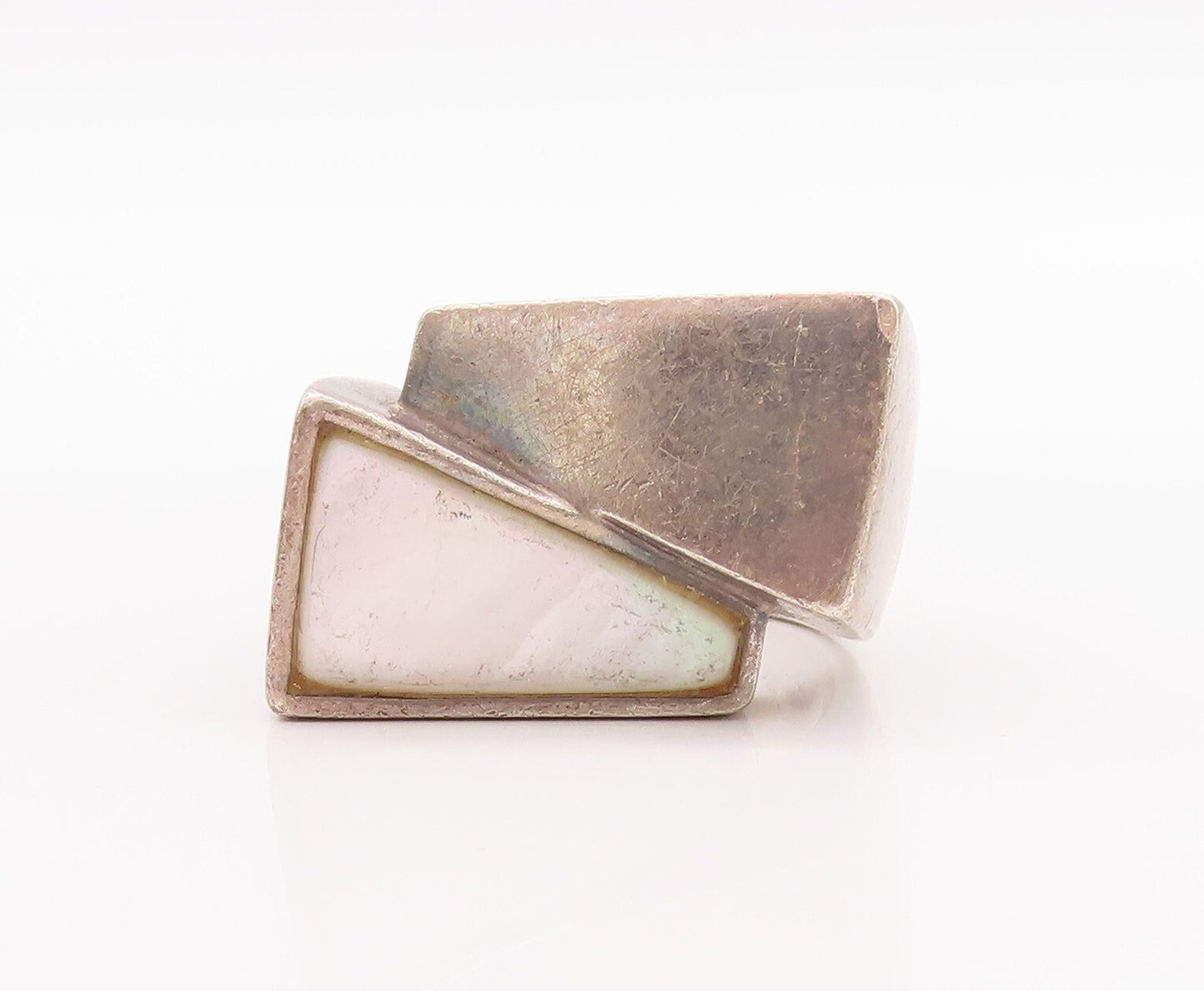 925 Sterling Silver Vintage Ring EUROPE Brutalist Mother Of Pearls Sz 8  RG28838