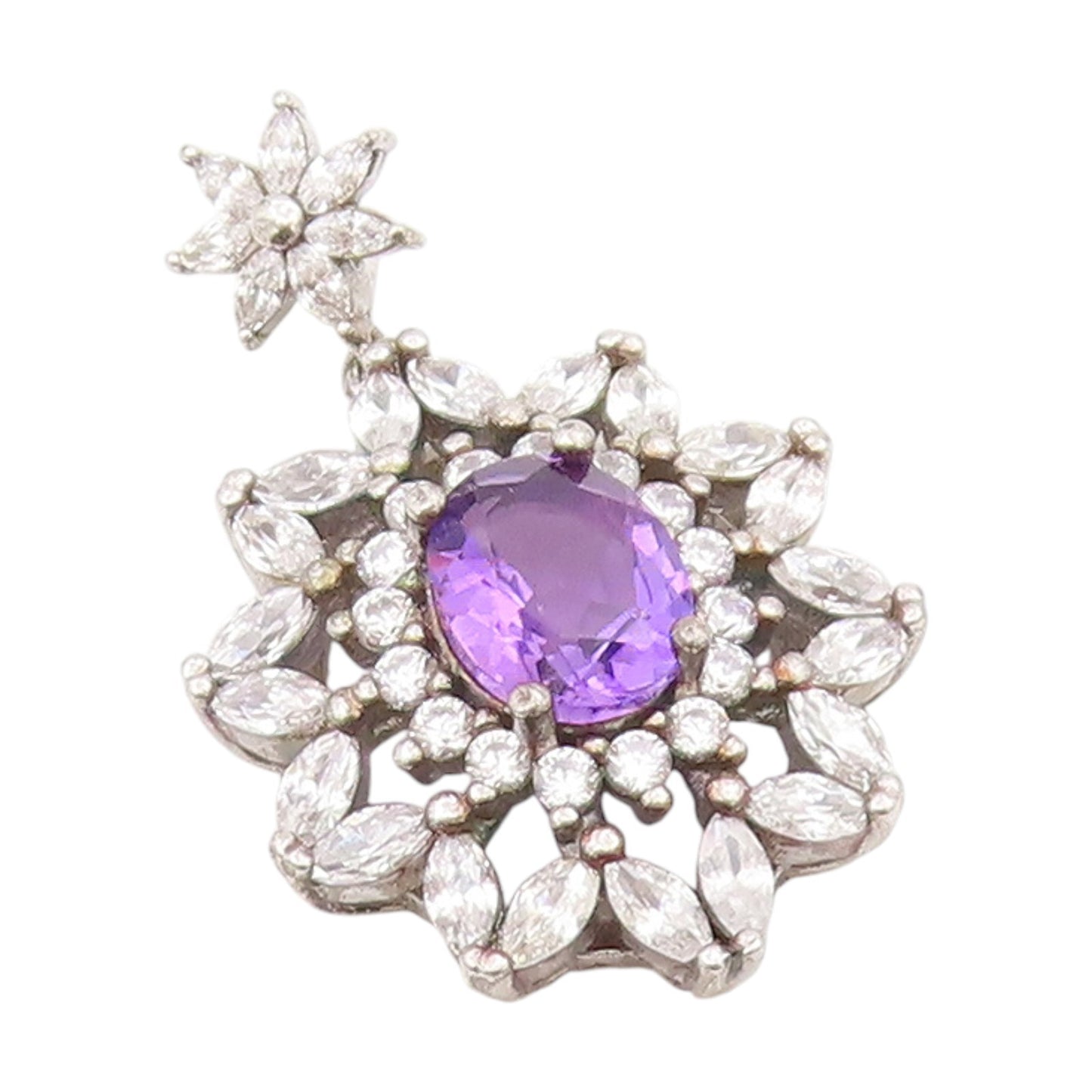 925 Sterling Silver Vintage Pendant Amethyst & Halo CZ Floral Cluster  PT25563