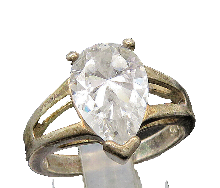 925 Silver  Vintage Tear Drop Cubic Zirconia Solitaire Ring Sz 7  RG22197