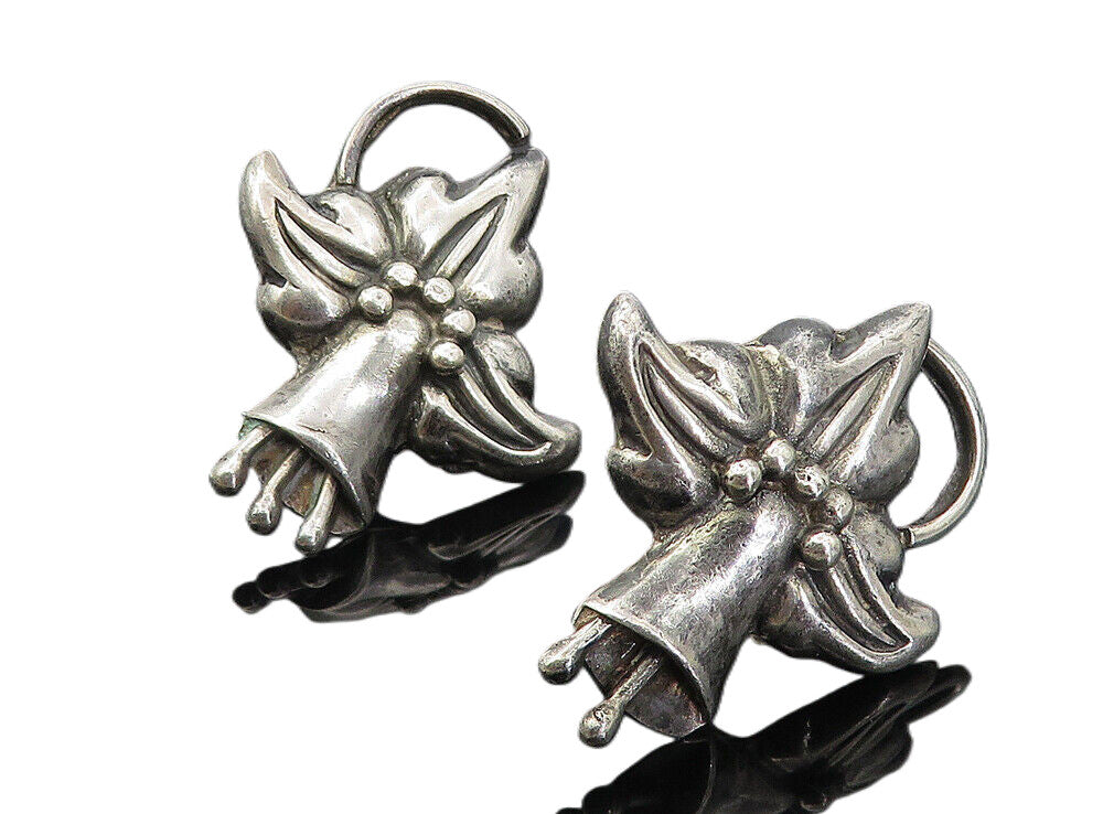 MEXICO 925 Sterling Silver  Vintage Flower Non Pierce Drop Earrings  EG4088