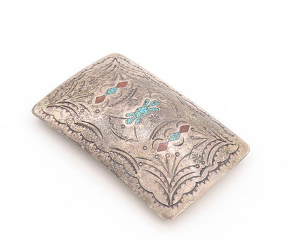 925 Sterling Silver Vintage Belt Buckle NAVAJO ZUNI Crush Turquoise  TR3781