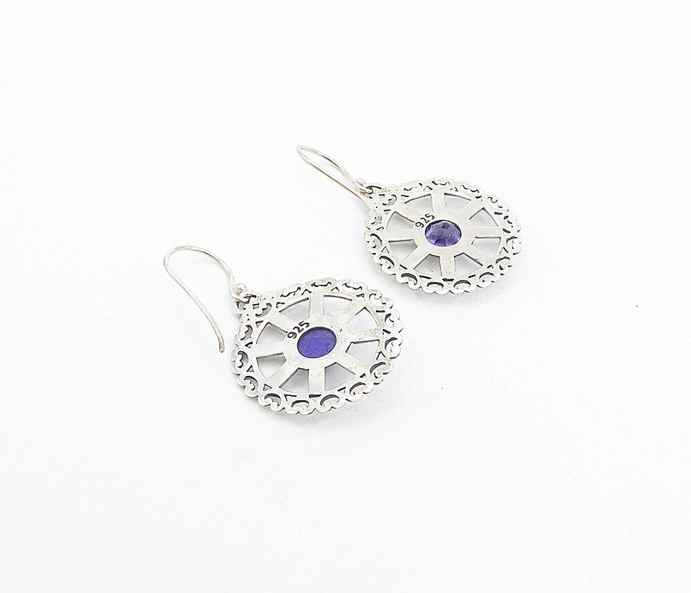 925 Sterling Silver  Amethyst Round Open Design Shiny Dangle Earrings  EG3798