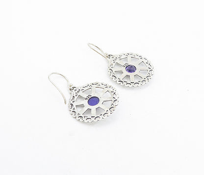 925 Sterling Silver  Amethyst Round Open Design Shiny Dangle Earrings  EG3798