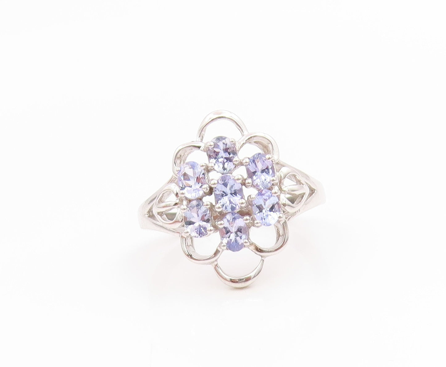 925 Sterling Silver Vintage Ring Elegant Tanzanite Floral Cluster  Sz 8  RG35674