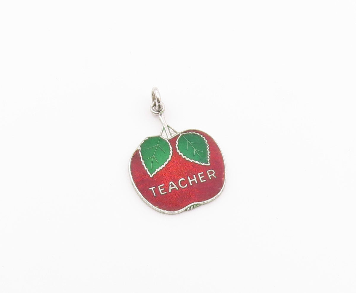 925 Sterling Silver  Vintage Enamel Teacher Apple Drop Pendant  PT16399