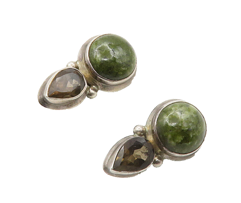 925 Sterling Silver  Vintage Jasper & Smoky Topaz Non Pierce Earrings  EG8043