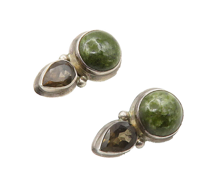 925 Sterling Silver  Vintage Jasper & Smoky Topaz Non Pierce Earrings  EG8043