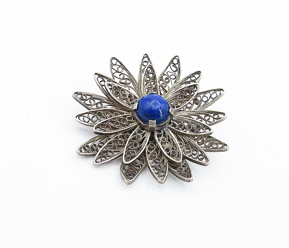 925 Sterling Silver  Vintage Lapis Lazuli Filigree Flower Brooch Pin  BP1646