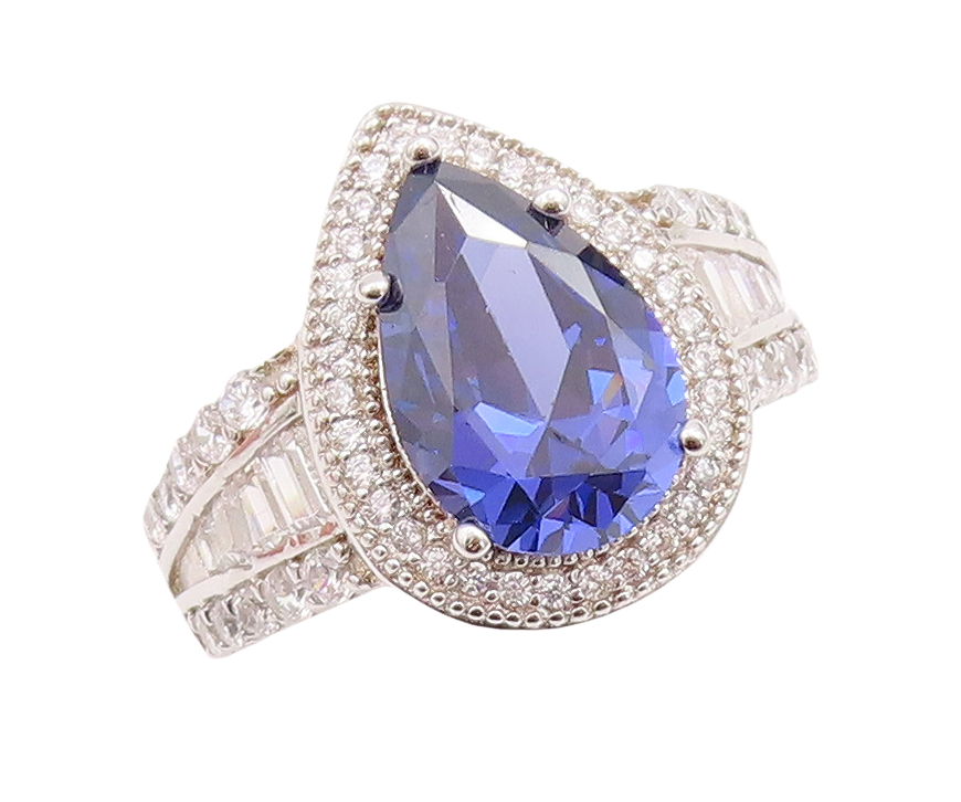 925 Sterling Silver Vintage Ring Drop Cut Sapphire Halo CZ Inlay  Sz 7  RG30944