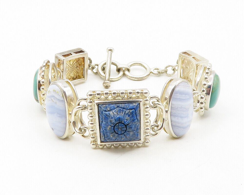WHITNEY KELLY 925 Silver  Vintage Multi Shaped Gemstone Chain Bracelet   BT4663